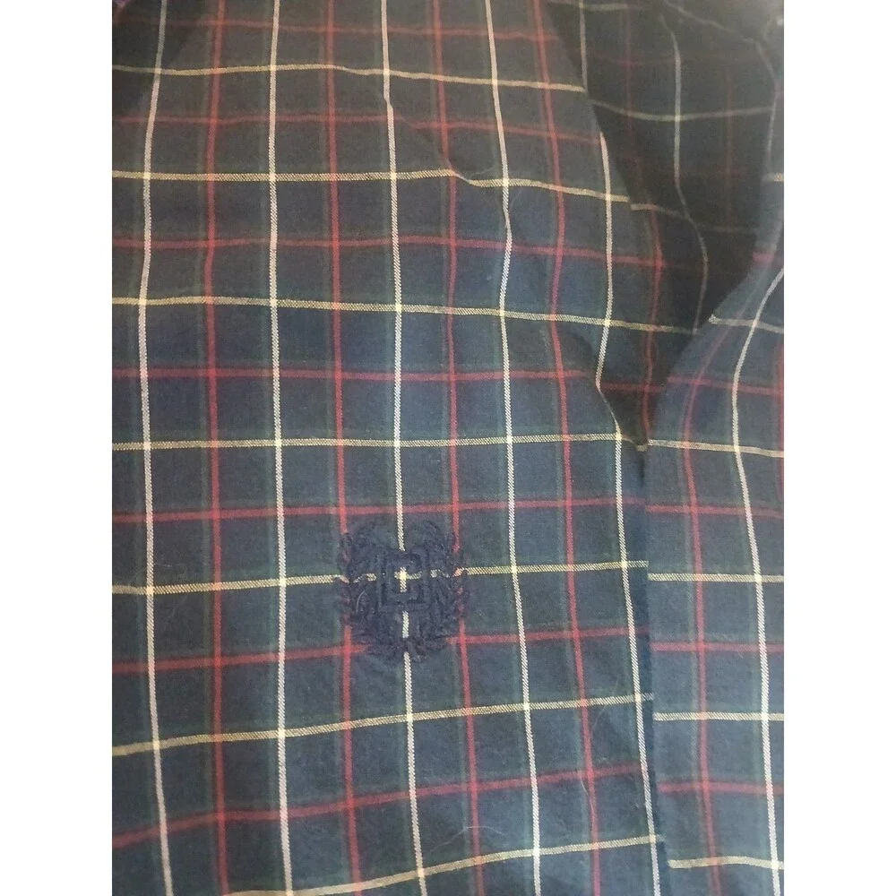 Chaps Button Down Shirt Boys Medium 10-12 Red Navy Plaid Cotton Long Sleeve